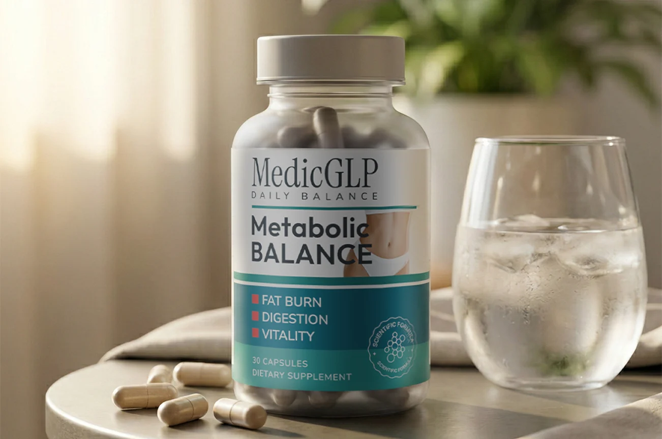 MedicGLP Metabolic Balance junto a un vaso de agua